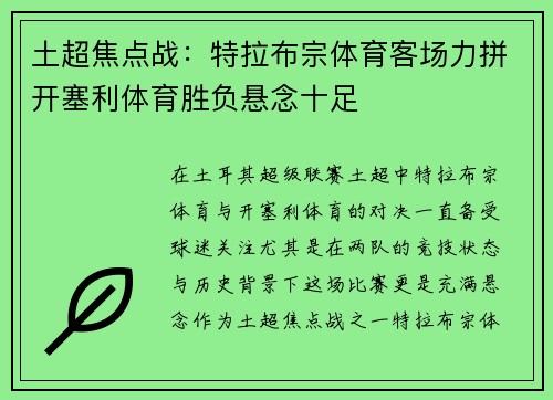 土超焦点战:特拉布宗体育客场力拼开塞利体育胜负悬念十足 土超焦点战:特拉布宗体育客场力拼开塞利体育胜负悬念十足