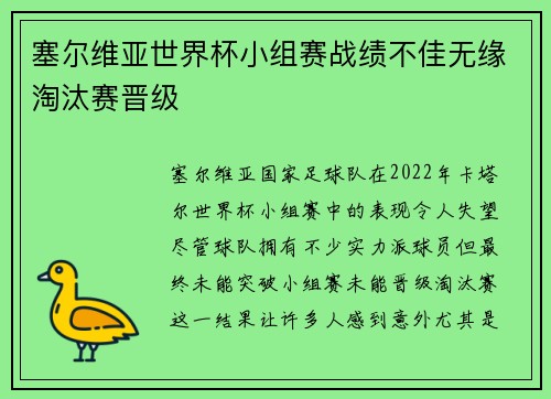 塞尔维亚世界杯小组赛战绩不佳无缘淘汰赛晋级 塞尔维亚世界杯小组赛战绩不佳无缘淘汰赛晋级